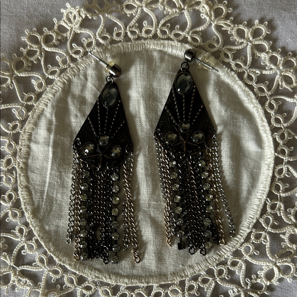 Source Unknown Black Gunmetal Tassel Fringe Earrings with Rhinestones